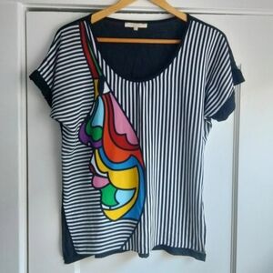Kasha by designer Black & White Striped Short Sleeve Blouse Sz S/M Colorful Face